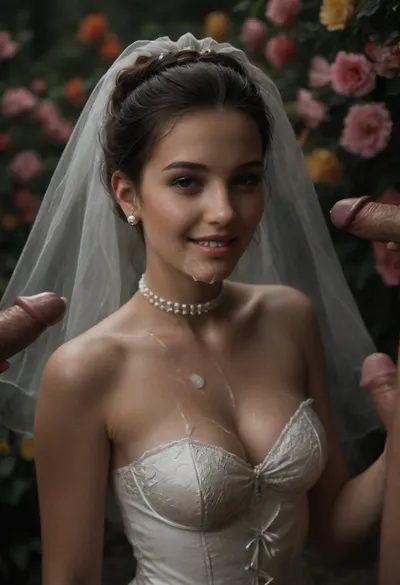 high resolution, high quality, dark scene at night, closeup of face, cute woman, cum on face, smile, pearl choker, pearl earrings, (Hair in elaborate updo:1.4), (((four loads of thick visible cum on her face:1.6))), cum dripping from face, cum on cleavage, (standing model posing, (wedding dress:1.2), (white corset:1.2), (wedding veil:1.3), (white lace gloves), cum is thick and white and clearly visible, exaggerated amounts of cum, very cute, smile, surrounded by cocks, out of focus colorful flowers in a romantic outdoor background, outdoors, on, face, bukkake, cum), bellissima, astonrichardsxl, woman, cum, on, face, <lora:LesFemmesXL_v1.0:1.5>, <lora:dark:.4>, <lora:astonrichardsxl:1>, <lora:JustCum:1.4>