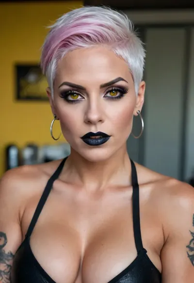 Absolutely built woman, super muscular, muscle definition, massive arms, large chest, short white/pink hair, black lipstick, black makeup, striking yellow eyes, black nails, black ear piercings