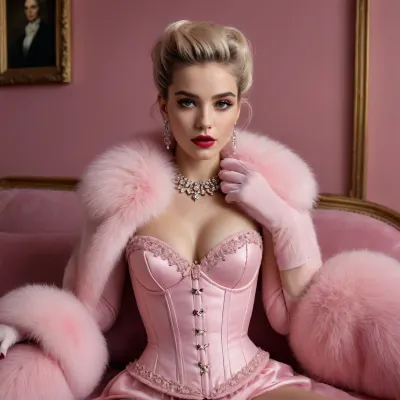 Pink Power, A Striking Portrait of Style and Confidence

In a recent photo making waves, a woman commands the center of attention, embodying a unique blend of high fashion and bold confidence. The scene is set against a backdrop of muted elegance, with a patterned sofa and glimpses of interior decor that suggest a modern, yet comfortable living space.

The subject of the image is a woman with fair skin, her hair styled in an updo, revealing a glimpse of her dark roots. Her facial features are striking, with full red lips, a well-defined nose, and piercing eyes accentuated by dark eyeliner and makeup that highlight her cheekbones. Her expression is one of self-assured poise, as she looks directly at the camera with determination.

Her outfit is a daring display of pastel pink, featuring a corset that cinches at the waist and is trimmed with fluffy fur. Matching fur accents appear around her neck, on the cuffs of her gloves, and adorning her footwear, creating a cohesive and eye-catching ensemble. The gloves themselves are a light pink, extending to her elbows, while the fur-trimmed heels add height and complete the look.

The atmosphere of the photo is one of high fashion and artistic expression. The choice of color, the texture of the fur, and the woman's pose all contribute to a sense of luxury and boldness. It's a statement piece that challenges conventional style norms and celebrates individuality.