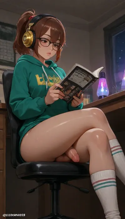 Lo-fi adult woman, (shemale, futanari, femboy), brown hair in ponytail, with bangs, thoughtful, desk room, sitting on office a chair, in front of desk with crossed legs, night time, dim light, lava lamp, lo-fi decor, pastel decor, Studying, listening to music, dynamic pose, viewed from below, open zip tie hoodie, no panties, knee high pastel socks, cute headphones, reading glasses, petite body, fit body, realistic small tits, very small realistic limp hanging dick