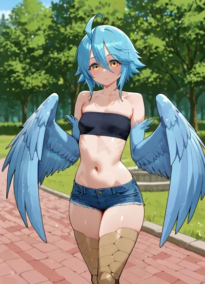 Papi, (Monster Musume), . Petite harpy monster girl, shot blue hair, short shorts, tube top bra.

Playing in the park fountain.