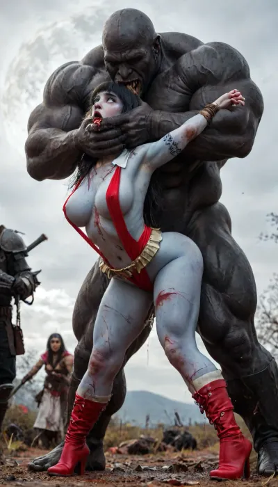 (vampirella:1.32), ((Vampirella is a tall, pale woman with a mane of raven-black hair and green eyes. Her look is that of a skimpy, red sling bathing suit barely covering her nipples and genitalia, with a golden bat emblem over the crotch. She wears an upturned white collar at her neck, long, high-heeled black boots, and a golden bracelet on one arm)), female drow elf barbarian, (blue skin:1.82), tall, angry, busty, curvy, thin waist, big boobs, big butt, slim, fit, vitiligo, strong, fur pelt armor, dungeons and dragons, purplish blue skin, black and purple hair, Dark, Elf, Warrior, Drow, tattooed, scarred, purple eyes, blue skin, amazon, giant, fur barbarian armor, bloody, blood spatter, bear, bear heart, (in a bloody filed after a battle, white full moon in the sky:1.4), (man is choking her from behind:1.2), ((hogtied, bound with large chains, crucified to a torture table, spikes through hands:1.3)), (torture:1.32), (large sharp sword in anus:1.12), cock in mouth, (brutal face fuck), Blowjob, (tears in eyes:1.5), (running makeup), (cum drips from nose:1.3), (cum drips from mouth:1.3), ultra hd, photorealistic, hyper gigantic large black cock in mouth, (((hyper gigantic large black cock in mouth:1.3))), gangbang, double anal penetration, anal spitroast, groupsex, deepthroat, (4 gigantic African black brute thug, huge trunklike arms, huge head, hyper muscular body, dressed in slave clothes:1.32), ((hogtied, bound for sex, tied up)), (((hyper gigantic large white cock in mouth:1.3))), (pulled nipples:1.2), nipple clamps, (((spitroast))), (((hyper large cock in mouth:1.3))), screaming, shocked, deep anal penetration, Uber realistic, 8k, ultra detailed, masterpiece, arched back, detailxl, 35mm photograph, film, professional, 4k, 1girl, 5 boys, hdr, photographic, ultra realistic, ultra high details, back light, (front view), (dynamic pose), best quality, incredibly lean body, anal sex, with large muscular black men, gargantuan black cocks, large hyper muscular fat old men, (double anal sex), swollen white veiny cocks, (double anal penetration), hardcore double penetration, proper physics, big white cocks, muscular white double anal gangbang, (forceful penetrations), extremely graphic, beautiful hands, defeating a woman in combat, fighting, killing, blood, winning fight, magazine cover, Realism_Quality_2xx_By_Stable_Yogi, score_9, score_8_up, score_7_up, (((very pretty face:1.3))), (((extremely ultra detailed face:1.3))), perfect fingers and hands, upper body view, (extreme size difference:1.6), (ultra realistic), (maximum quality), (high resolution), (extreme detail), (ultra realism), UHD, super high quality, highly detailed, high resolution, perfect lighting, natural lighting, (dynamic angle), (random angle), (random pose), (dynamic view), (random view), golden hour, rich details, nature-inspired color palette, <lora:LCMTurboMix_Euler_A_fix:2>, <lora:Dark_Elf_Warrior:2>, <lora:Drow:2>, <lora:zavy-brbrn-sdxl:2>