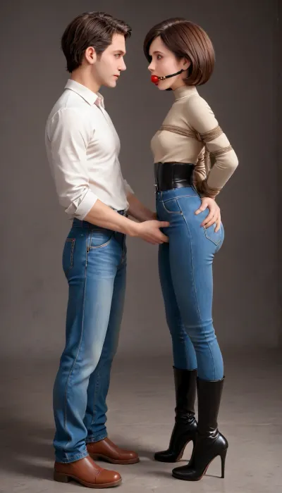 (1 woman + 1 man), helen parr is, (tied in bondage:1.3), (standing:1.2), and she have her, (hands tied in her back:1.4), she get her, (ass groped by a man:1.3), standing in her back, (ass grab:1.4), small breasts, petite, (extremely big round buttocks:1.3), (high waist tight jeans:1.3), (high heels leather high boots:1.3), (slim waist), beautiful face, tan skin, tan long sleeve shirt, full body, side view, clothes, ballgag, ruined, makeup, <lora:ahxl_v1:2>, <lora:sdxl_ballgags:1.8>, <lora:shibari_bondage_-_v0.9.1.2-000010:1.9>, <lora:ruined1:1.4>