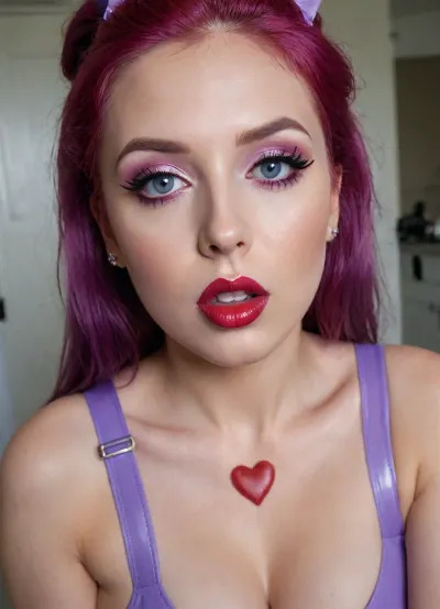 Stunning photo, 8k, highest quality, wide viewing angle, detailed face, insanely attractive face, Little lady 20 yo, bimbo slut, blue latex nurse costume, red hair, expressive eyes makeup high ponytail, ((purple lipstick)), ((heart-shaped cutouts for nipples and pussy)), ((syringe in Hand)), transparent plastic micro dick, bikini, I'm not cute, I'm not a girl, I'm a naughty slut, I suck big dicks, I fuck in a point, my pussy is locked., (anus:1.2), (lipstick:1.3), perfecteyes, <lora:lora-sdxl-perfect-eyes:.8>