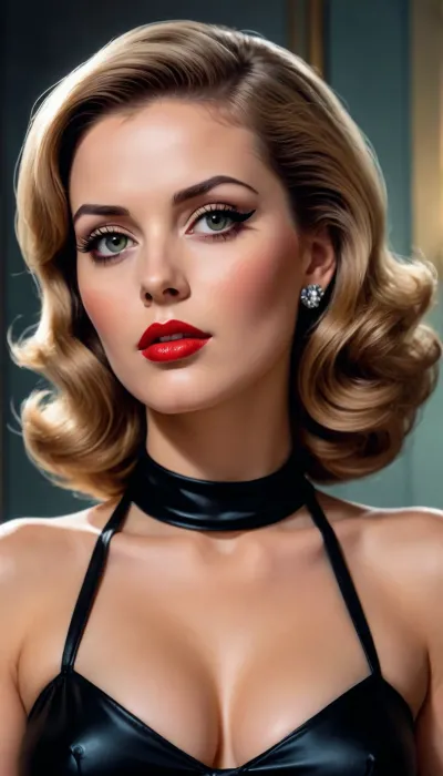 OlgaBrainmelter, breathtaking 1975 East German honey trap spy, impossibly beautiful seductive woman with piercing eyes, vintage 1970s style, sleek black turtleneck or elegant evening gown, sophisticated retro hairstyle, femme fatale pose, adult fantasy comic book illustration, dynamic composition, Cold War spy aesthetic, dramatic shadows, rich saturated colors, professional comic art, pinup style, detailed linework