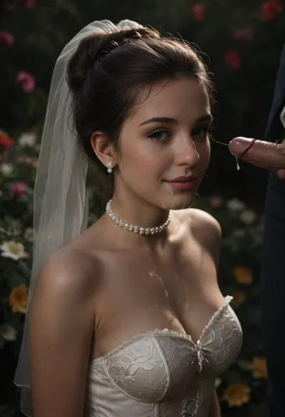 high resolution, high quality, dark scene at night, closeup of face, cute woman, cum on face, smile, pearl choker, pearl earrings, (Hair in elaborate updo:1.4), (((four loads of thick visible cum on her face:1.6))), cum dripping from face, cum on cleavage, (standing model posing, (wedding dress:1.2), (white corset:1.2), (wedding veil:1.3), (white lace gloves), cum is thick and white and clearly visible, exaggerated amounts of cum, very cute, smile, out of focus colorful flowers in a romantic outdoor background, outdoors, on, face, bukkake, cum), bellissima, astonrichardsxl, <lora:LesFemmesXL_v1.0:1.5>, <lora:dark:.4>, <lora:astonrichardsxl:1>, woman, cum, on, face, <lora:JustCum:.8>