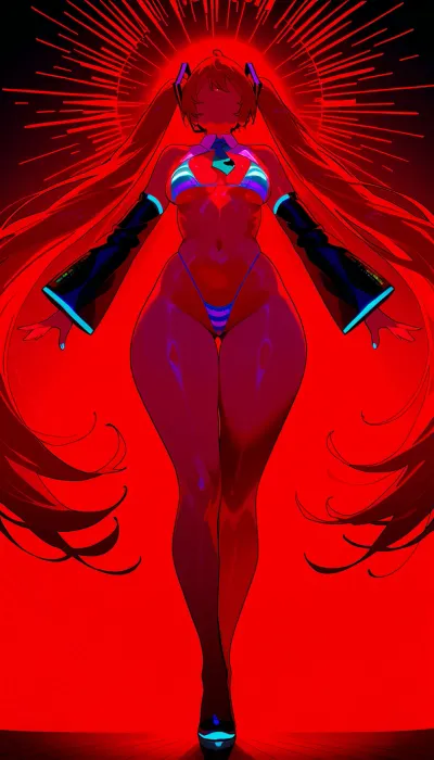 Full body shot, (hatsune miku:1), vibrant colors, highest detailed, centered, 1female, bottom heavy, large bimbo chest, extremely wide hips, very tiny waist, thick thighs, thigh gap, solo, teal and white horizontal striped bikini, whale tail thong, with teal tie and open to expose bikini white shirt, thong pushed to side showing pussy