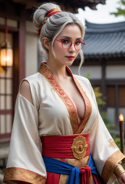 Elf woman, playful/confident expression, winking, adjusting large round thick red rimmed glasses, light gray voluminous hair in a messy bun, ornate golden artificer goggles with intricate patterns and glowing blue accents, traditional-inspired clothing with modern fantasy elements, sleeveless cream-colored top with gold accents red and gold trim and a deep neckline, loose, long-sleeved cream-colored jacket with red accents, prominent chest, red sash with gold details on her waist, long dark blue loincloth, dark blue gloves, holding a traditional Japanese wooden/golden smoking stick with a decorative design, confident/charming pose, curvy figure, large breasts, large hips, thin waist, simple village in the background, Japanese aesthetic, fantasy setting