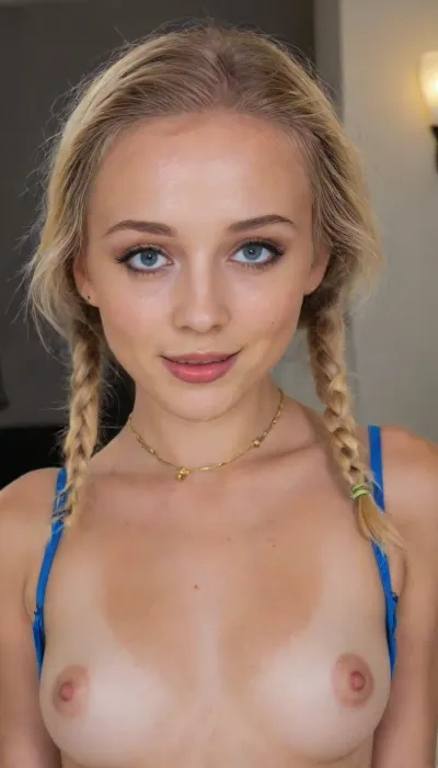18 year old, tan, blue eyes, blonde, messy braided hair, perfect skinny body, small boobs, necklace, playfully giggling, cute face, small nose, button nose, deep set eyes, high cheekbones, small jaw, fluxenh4nce, bellissima, 1girl, 4ng3l, face, reij-mg, neon, lights, dark, ambient, light, <lora:FLUXEnh4nce:.8>, <lora:Wet_Makeup__Runny_Mascara-000006:.8>, <lora:LesFemmesXL_v1.0:.8>, <lora:SDXL_BetterFaces-LoRA_v1:.8>, <lora:reij-moderngothic-000006:.8>