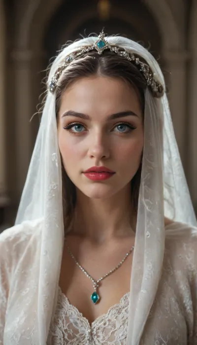 Cinematic portrait of a woman wearing an ornate silver filigree hooded cloak, intricate lace patterns with floral motifs, elaborate jeweled headpiece with sapphire centerpiece and crystals on forehead, dramatic smoky eye makeup, long dark lashes, piercing blue-grey eyes, glossy burgundy red lips, porcelain skin, elegant jewelry with teardrop gemstones, luxurious embroidered black and silver fabric with baroque patterns, soft dramatic lighting, shallow depth of field, professional photography, ultra detailed, photorealistic, 8k resolution, fantasy fashion editorial style, regal and mysterious atmosphere