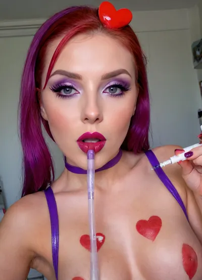 Stunning photo, 8k, highest quality, wide viewing angle, detailed face, insanely attractive face, Little lady 20 yo, bimbo slut, blue latex nurse costume, red hair, expressive eyes makeup high ponytail, ((purple lipstick)), ((heart-shaped cutouts for nipples and pussy)), ((syringe in Hand)), transparent plastic micro dick, bikini, I'm not cute, I'm not a girl, I'm a naughty slut, I suck big dicks, I fuck in a point, my pussy is locked., makeup, eyeliner, eyelashes, (anus:1.2), (lipstick:1.3), <lora:Modern_MakeUp_XL_v0_1:1.8>