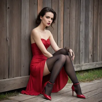 Fashion Photograph Highlights Elegance Against a Rustic Backdrop

A fashion photograph set against the weathered wooden wall of an outdoor structure presents a carefully composed contrast between refinement and roughness. The image features a woman seated on the ground, her posture relaxed yet deliberate, one arm bent and resting near her head, the other placed calmly along her leg. Her direct gaze toward the camera conveys composure and quiet confidence.

She is dressed in a strapless, flowing red dress made of lightweight fabric that falls in soft layers around her legs. The vivid red stands out sharply against the muted browns of the wooden wall and the pale ground beneath her, immediately drawing the viewer’s attention. The dress is styled with sheer black tights, adding a subtle layer of texture and restraint to the overall look.

Her accessories are striking but controlled. She wears long brown leather gloves that reach past the forearms, introducing a structured, almost vintage element to the outfit. A wide gold bracelet adds a touch of formality and visual weight. On her feet are red lace-up heels, their thin straps wrapping around the ankles and echoing the color of the dress while reinforcing the elegance of the styling.

Her dark hair falls naturally past her shoulders, parted at the center, and her makeup is understated, allowing the clothing and composition to remain the focus. Overall, the image reads as a deliberate fashion statement, using strong color, classic accessories, and a rustic setting to explore contrast, poise, and modern femininity.