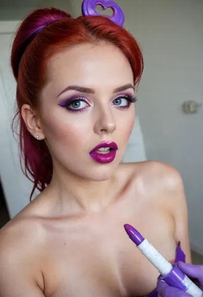 Stunning photo, 8k, highest quality, wide viewing angle, detailed face, insanely attractive face, Little lady 20 yo, bimbo slut, blue latex nurse costume, red hair, expressive eyes makeup high ponytail, ((purple lipstick)), ((heart-shaped cutouts for nipples and pussy)), ((syringe in Hand)), transparent plastic micro dick, bikini, I'm not cute, I'm not a girl, I'm a naughty slut, I suck big dicks, I fuck in a point, my pussy is locked., (anus:1.2), (lipstick:1.3), perfecteyes, <lora:lora-sdxl-perfect-eyes:.8>