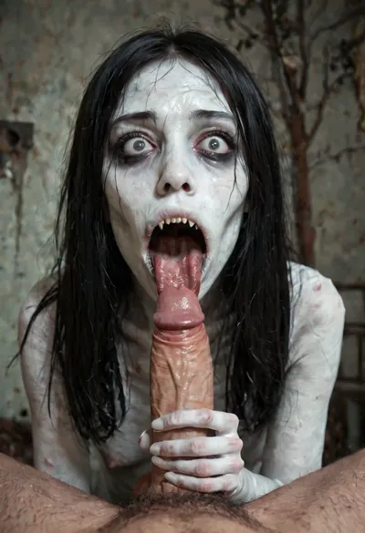 woman ghost sucking your cock, sharp teeth, creepy female ghost, horrying cute face, hair covering part of the face, scary face that gives fear, horror female ghost, white pale spectral skin, white skin, bones, horrorfying face, the girl from the well, pale as white woman, long black straight hair, terrifying face, scary face, bizarre and frightening ghost, dark black hair, creepy aura, she is an abandoned horror place, skinny, so skinny, realistic, pale skin, naked, very realistic, TheRing1024, pov_deepthrt, deepthroating, a, man's, penis, blsdp, <lora:TheRing1024:.8>, <lora:concept_pov_dt_xl2-000020:.8>