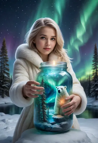 A beautiful woman dressed in a white fur coat holds a jar containing the Northern Lights and a lake inside with snow-covered pine trees. Inside the jar, the Northern Lights contrast with a night sky at the North Pole, filling it with a polar Arctic world. Detailed textures, colorful and saturated Northern Lights, starry sky, water reflecting the entire sky, some pine trees, and a white polar bear with its paws as if trying to touch the Northern Lights—all inside the jar. The glass jar, ultra-detailed with intricate textures, features meticulously detailed hands holding the jar, observing its contents in awe. The jar is large and expansive. Ultra-sharp close-up, prioritizing the glass jar and then the woman standing in the snow with her coat open and her breasts rounded., ral-czmcrnbw, <lora:ral-czmcrnbw-sdxl:.8>, ral-glxy, <lora:ral-glxy-sdxl:.8>