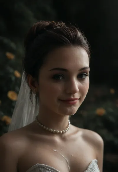 high resolution, high quality, dark scene at night, closeup of face, cute woman, cum on face, smile, pearl choker, pearl earrings, (Hair in elaborate updo:1.4), (((multiple loads of thick visible cum on her face:1.6))), cum dripping from face, cum on cleavage, (standing model posing, (wedding dress:1.2), (white corset:1.2), (wedding veil:1.3), (white lace gloves), very cute, smile, out of focus colorful flowers in a romantic outdoor background, outdoors, on, face, bukkake, cum), bellissima, bukkake, cum, astonrichardsxl, <lora:Wet_Makeup__Runny_Mascara-000006:1.4>, <lora:LesFemmesXL_v1.0:1.5>, <lora:MS_Real_XL_Bukkake:.7>, <lora:dark:.4>, <lora:astonrichardsxl:1>