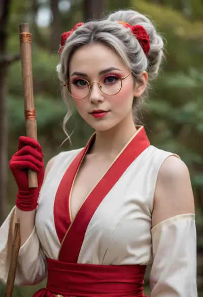 Elf woman, pointed elf ears, playful/confident expression, winking, adjusting large round thick red rimmed glasses, red eyes, red eyeshadow, light gray wavy hair in a messy bun, traditional-inspired clothing with modern fantasy elements, sleeveless cream-colored top with gold accents red and gold trim and a deep neckline, loose, long-sleeved cream-colored jacket with red accents, prominent chest, red sash with gold details around her waist, long dark blue loincloth, dark blue gloves, holding a long and thin traditional Japanese wooden/golden smoking stick with a decorative design, confident/charming pose, curvy figure, large breasts, large hips, thin waist, simple village in the background, Japanese aesthetic, fantasy setting