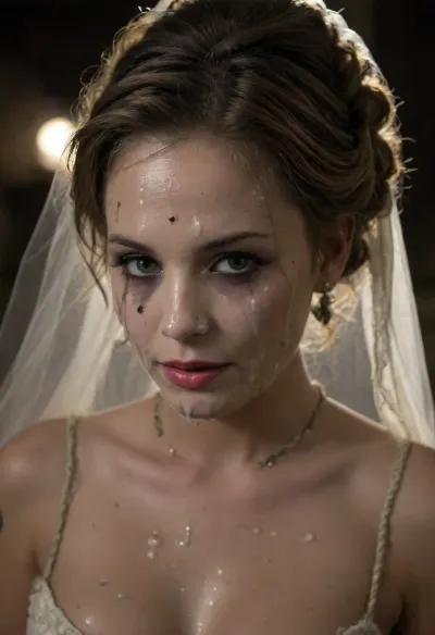 high resolution, high quality, dark scene at night, closeup of face, cute woman, smile, pearl choker, pearl earrings, (Hair in elaborate updo:1.4), (((ropes of thick visible cum on her face:1.6))), cum dripping from face, cum on cleavage, (standing model posing, (wedding dress:1.2), (white corset:1.2), (wedding veil:1.3), (white lace gloves), very cute, smile, out of focus colorful flowers in a romantic outdoor background, outdoors, on, face, bukkake, cum), bellissima, bukkake, cum, astonrichardsxl, <lora:Wet_Makeup__Runny_Mascara-000006:1.4>, <lora:LesFemmesXL_v1.0:2>, <lora:MS_Real_XL_Bukkake:2>, <lora:dark:.4>, <lora:astonrichardsxl:2>