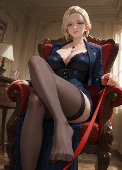 Mature mistress, sitting on chair, mistress pointing viewer with her foot, slender woman, narrow waist, tight fitting dress, stockings, corset, tied hair, british lady, busty, long legs, slender legs, pointing foot, jacket, classy clothing, (mistress holding leash), coffee table, wide angle, low angle, upskirt, stylised photography, film noir setting, femdom, ((pov leashed)), foot close to viewer, blonde, 50 years old, realistic hands, realistic face, leash continues from hand to image edge, cleavage