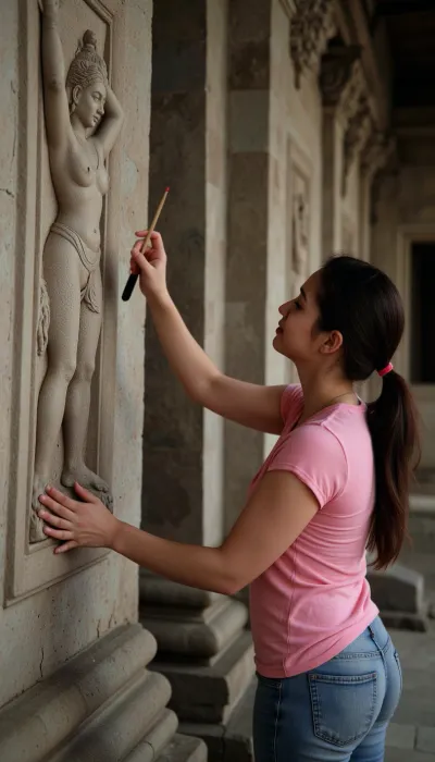 Photography
Cinematic photography {Cambodian woman, 35-year-old restorer, with a brush in her hand, restoring a stone panel, (with the Hindu four-armed deity Vishnu), in the Angkor Wat temple complex}. 35mm photography, film, bokeh, professional, 4k, high detail, cinematic format, shallow depth of field, film grain, high budget, epic, mood