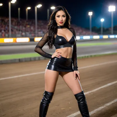 "A stunning asian Race Queen posing confidently at a racetrack, SMALL BREAST, wearing a sexy and stylish outfit, a tight, glossy crop top THAT SAYS "PERRA", paired with an ultra-short pleated mini skirt. She has on thigh-high PVC or latex boots with high heels, adding a fierce and glamorous touch. Fishnet stockings peek out between her skirt and boots for extra allure. Her long, wavy BLACK hair flows down her shoulders, and she wears dramatic makeup—smoky eyes, glossy lips, and shimmering highlighter. The background features a blurred racetrack with speeding cars, neon lights, and cheering crowds. The style should be hyper-realistic with vibrant colors, emphasizing her curves and the dynamic energy of motorsports."