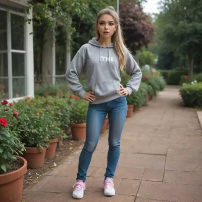 full body view, standing, hands on hips, 1 girl, 18 years old, petite and thin, short body, long blonde hair, (long hair:1.3), straight hair, hair tied to ponytail, very clear brown eyes, smiling, parted lips, (parted lips:1.7), flat chest, small breasts, narrow hips, no make up, handsome, very feminine face, blue jeans, grey hoodie, pink sneakers, in a garden, day time, (day time:1.8)