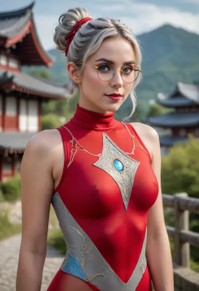 Elf woman, round head, light gray wavy shoulder-length hair done up in a messy bun, ornate golden goggles with intricate patterns and glowing blue accents pushed up on her head, pointed elf ears, red eyes, red eyeshadow, large thick round red rimmed glasses with decorative eyelash-like spikes, confident/playful expression, slight smirk, form-fitting sleeveless high-neck simple red unitard with a faint eye symbol on her chest, curvy figure, hourglass figure, simple village in the background, Japanese aesthetic, fantasy setting