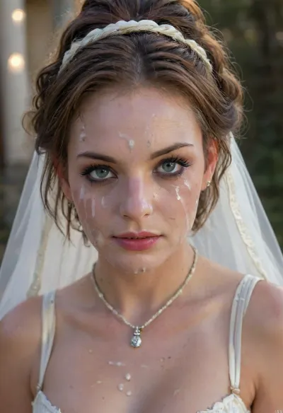 high resolution, high quality, dark scene at night, closeup of face, cute 46 years old woman, smile, pearl choker, pearl earrings, (Hair in elaborate updo:1.4), (((ropes of thick visible cum on her face:1.6))), cum dripping from face, cum on cleavage, (standing model posing, (wedding dress:1.2), (white corset:1.2), (wedding veil:1.3), (white lace gloves), very cute, smile, out of focus colorful flowers in a romantic outdoor background, outdoors, on, face, bukkake, cum), bellissima, bukkake, cum, 4m1c14, d3, Run3, 1girl, brunette, blue, eyes, freckles, clothing, undershirt, trousers, breeches, necklace, braided, ribbon, <lora:Wet_Makeup__Runny_Mascara-000006:1.4>, <lora:LesFemmesXL_v1.0:2>, <lora:MS_Real_XL_Bukkake:2>, <lora:Amicia_de_Rune:1.4>