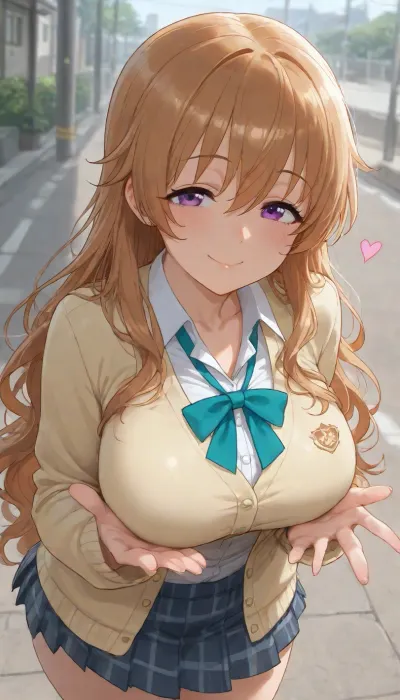 masterpiece, extremely detailed, 1girl, solo, (SimplePositiveXLv2:.5), Konoe Kanata, school uniform, smile, on the street, <lora:Konoe Kanata XL V1:.5>, boobheart, heart, hands, self, grabed, own, breast, <lora:_sdxl-boobheart:.8>