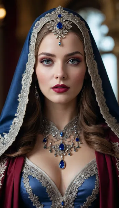 Cinematic portrait of a woman wearing an ornate silver filigree hooded cloak, intricate lace patterns with floral motifs, elaborate jeweled headpiece with sapphire centerpiece and crystals on forehead, dramatic smoky eye makeup, long dark lashes, piercing blue-grey eyes, glossy burgundy red lips, porcelain skin, elegant jewelry with teardrop gemstones, luxurious embroidered black and silver fabric with baroque patterns, soft dramatic lighting, shallow depth of field, professional photography, ultra detailed, photorealistic, 8k resolution, fantasy fashion editorial style, regal and mysterious atmosphere