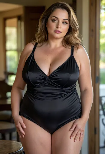 beautiful eyes, 59yo milf, mature, milf, photorealistic, 8k, ultra-detailed, raw photo, masterwork, (voluptuous figure:1.4), (obese woman:1.2), plus size, full body shot, indoor portrait, full chest, sagging breasts, wide hips, thick thighs, short black sundress, spaghetti straps, satin, fabric tension, natural contour, soft light, golden hour, rim lighting, patio background, confident pose, (detailed skin texture:1.3), 85mm, f/1.4, cinematic lighting, <lora:style_lora_realis:.8>, Ana, Armas, <lora:ana_xl_8x8-000025:.8>