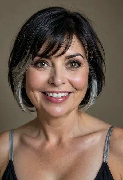 (fat:1.3), 60 year old mature woman, photography studio, perfect studio lighting, obese, drooping, saggy, (smile:1.3), upper body shot, (detailed skin:1.8), (black bob cut straight hair with silver highlights:1.3), (big eyes:1.3), (detailed eyes), beautiful eyes, captivating amber eyes, Sharp eyes, (medium sagging fat breasts:1.2), wearing a white lowcut v-neck spaghett strap tank top, <lora:style_lora_realis:.8>