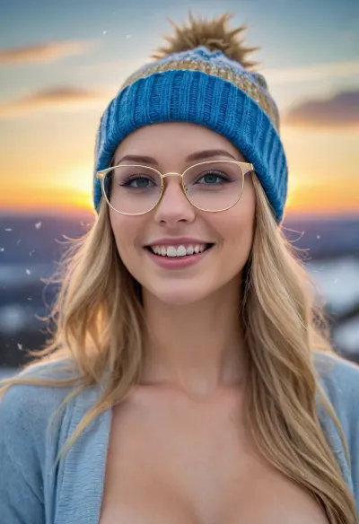 Woman, (topless), hard nipples, Long blonde hair, wool cap, posing, smiling, Snowing, sunset, 3/4 View, (photorealistic, highly detailed, best quality, masterpiece, high definition), (big thin rectangle blue glasses with gold lens)
