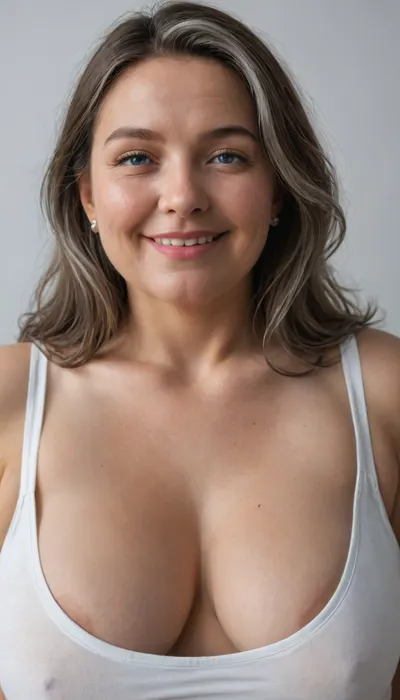 (White silver milf:1.4), (fat bbw:1.3), 60 year old mature woman, (photography studio:1.6), (perfect studio lighting), (obese:1.5), drooping, saggy, (smile:1.3), (upper body shot), (detailed skin:1.8), (brunette straight hair with gray highlights:1.3), (big light blue eyes:1.3), (detailed eyes), (small sagging fat breasts:1.2), (mature face), wearing a lowcut v-neck sleeveless T-shirt