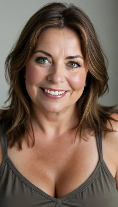 Fat Bbw 60 year old mature woman, photography studio, perfect studio lighting, obese, drooping, saggy, smiling, upper body shot, detailed skin, (brunette straight hair with highlights:1.3), big eyes, green eyes, (detailed eyes, beautiful eyes, captivating light eyes), Sharp eyes, wearing a black lowcut v-neck spaghett strap tank top, <lora:style_lora_realis:.8>