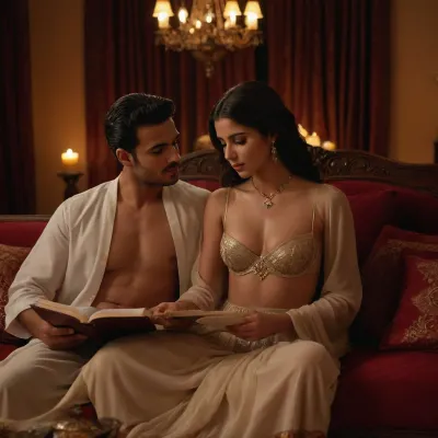 Man and arabian princess sheerazad in Arabian palace, in luxury arabian gown sitting on cushion, oud, reading a book to arabian prince, sensuality, ((she is undressing, showing her nipples)), taking off her bra, warm lightning, candles, smoke of incense, realistic, nightly, sensual atmosphere, feeric, erotic, ghutra, thobe, <lora:arab robe:.8>