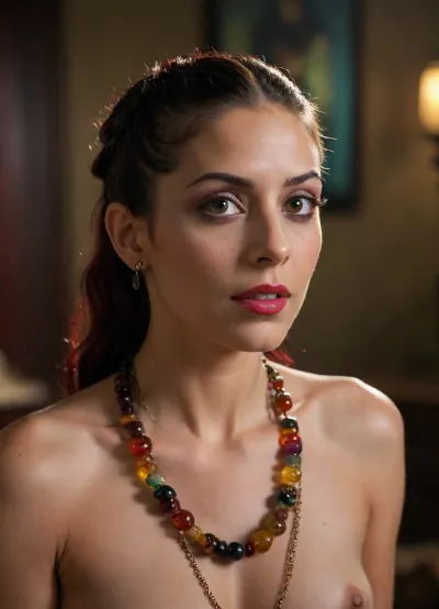 completely naked, multicolored hair tied in a ponytail, necklace, piercings, big fake lips, ("Firefly" TV series, Inara Serra), Morena Silva de Vaz Setta Baccarin