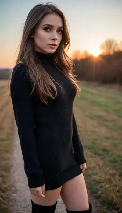 girl wearing a black mini dress, sweater, overknee winter boots, long hair, seductive eyes, soft lips, dynamic angle, autumn fashion, sunset, nia, 1girl