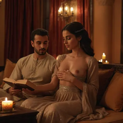 Man and arabian princess sheerazad in Arabian palace, in luxury arabian gown sitting on cushion, oud, reading a book to arabian prince, sensuality, ((she is undressing, showing her nipples)), taking off her bra, warm lightning, candles, smoke of incense, realistic, nightly, sensual atmosphere, feeric, erotic, ghutra, thobe, <lora:arab robe:.8>