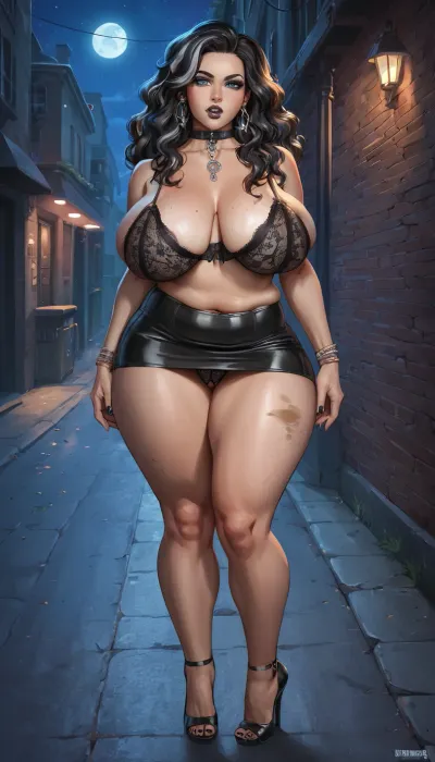 score_9, score_8_up, score_7_up, 50 year old Prostitue, Latina, goth whore, slut, prostitution, 1girl, solo, gigantic saggy breasts, brown_hair, (ssbbw:1.1), panties, bra, long_hair, grey hairbwith black highlights, posing up against a light post, looking_at_viewer, seductive_pose, blue_eyes, saggy_breasts, lips, (thick_thighs:1.2), dirty street corner, night, outdoors, micro skirt, high heels, uncensored, black heels, wavy_hair