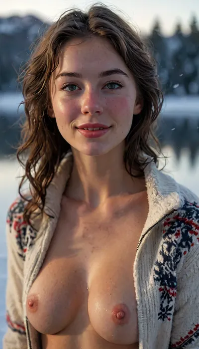 Score_9, beautiful slender 26-year-old woman standing by a Wisconsin lake on a winter afternoon, (show from thighs up:1.3), slender petite pale Midwestern American woman, 26 years old, messy neckline-length very wavy dark black black hair, long oval-shaped face, amused dark blue eyes, dark eyebrows, strong cheekbones, shy infectious smile, lip gloss, slight overbite, prominent freckles especially on nose and cheekbones and chest, (wearing an unzipped Norwegian ski pullover:1.4), ((breasts exposed:1.3)), bottomless, exposed hairy bush, pale skin with faint tan lines, slender, perky boobs, highly detailed skin, tight ass, wholesome, hairy bush, realistic skin with natural pores and blemishes, damp sweaty skin, smiling, in ecstasy, handslora, hyperdetailed, cinematic, photo realistic, hyper realism, key visual, intricate detail, highly detailed, vibrant, exciting, nighttime, lots of shadows, romantic, masterpiece, <lora:MJ52:2>, <lora:add-detail-xl:2>