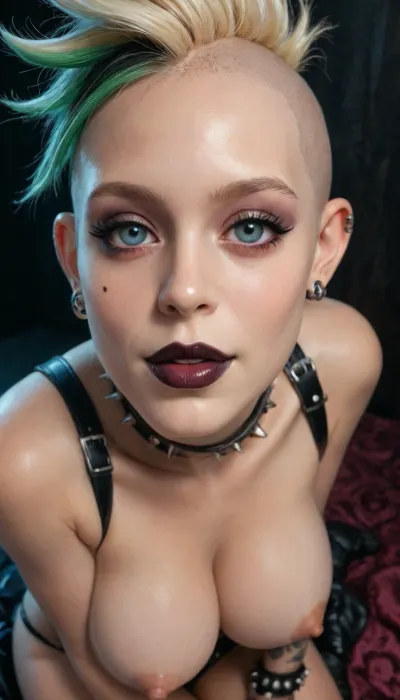 (gothpunk:1.6), (close-up of her face:1.2), solo focus, (black spiked hair), (face skull tattoo:1.4), (albino skin:1.4), (shaved head), neon green highlights, smiling, piercings, nose ring, eyebrow ring, (black lipstick), spike bracelets, (straps), emo, (perfect mouth), (perfect lips), (black walls), (bright neon spotlights), (close up:1), (reiq:1.2), (from above:.4), (reaching forward:.5), sitting, knees raised up, busty
