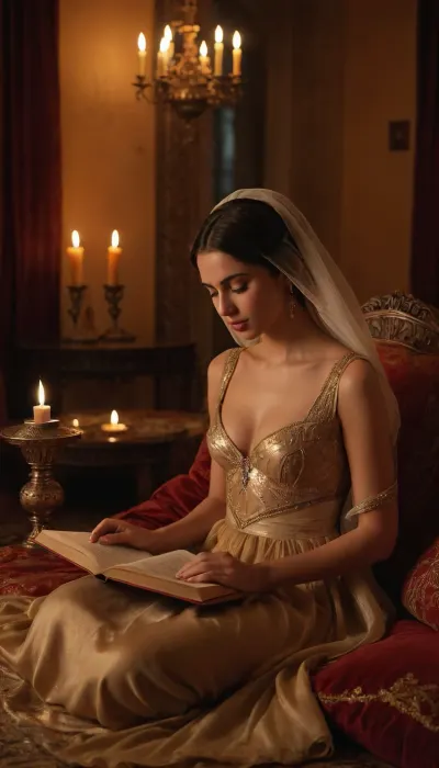 arabic prince and Arabic princess Scheherazade in Arabic palace, in luxury arabic gown sitting on cushion, oud, reading a book, sensuality, ((she is undressing, showing her nipples)), taking off her bra, warm lightning, candles, smoke of incense, realistic, nightly, sensual atmosphere, Feerie, erotic, ghutra, thobe, <lora:arab robe:.8>