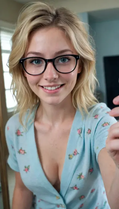 20 year old girl, babe face, blonde, freckles, large natural tits, smile, best quality, photorealism, masterpiece, ice blue eyes, messy hair, (pajama pants), glasses, topless, taking selfie in mirror