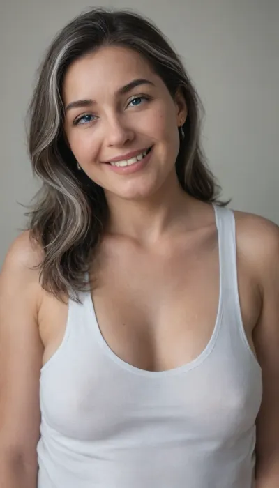 (White silver gilf), (fat bbw:1.3), 60 year old mature woman, (photography studio:.5), (perfect studio lighting), (obese:1.5), drooping, saggy, (smile:1.3), (upper body shot), (detailed skin:1.8), (brunette straight hair with gray highlights:1.3), (big light blue eyes:1.3), (detailed eyes), (small sagging fat breasts:1.2), (mature face), wearing a lowcut v-neck sleeveless T-shirt