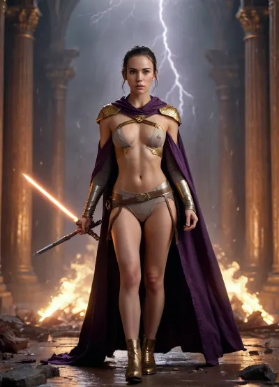rey from star wars, Topless, (pretty face:1.8), (hood and cloak), lace panties, medium breasts, covered nipples, muscular body, back view, epic fantasy, cinematic shot, dynamic lighting, (holds a black and gold staff topped with a glowing gem), shattered cloud plateau, roaring thunderstorms and forked lightning, crumbling marble pillars raining debris, burning orange and violet storm glow, cinematic wide-angle, epic scale