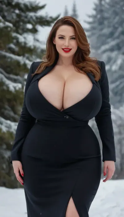 RAW photo of a 30 year old glamour smiling woman, very pale skin, red lipstick, perfect teeth, beautiful face, curvy body, (gigantic breasts, wide hips, thick thighs), (((fully clothed business lady))), snow background, masterpiece, best quality, high resolution, 8k uhd, high quality, extremely detailed, ultra high res, <lora:Venus_Body_Alpha:.8>, <lora:milkers_v2:.5>