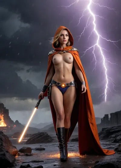 r2d2 from star wars, Topless, (pretty face:1.8), (hood and cloak), lace panties, medium breasts, covered nipples, muscular body, back view, epic fantasy, cinematic shot, dynamic lighting, (holds a black and gold staff topped with a glowing gem), shattered cloud plateau, roaring thunderstorms and forked lightning, crumbling marble pillars raining debris, burning orange and violet storm glow, cinematic wide-angle, epic scale