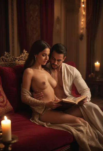 Man and arabian princess sheerazad in Arabian palace, in luxury arabian gown sitting on cushion, reading a book to arabian prince, sensuality, ((she is undressing, showing her nipples)), taking off her bra, warm lightning, candles, smoke of incense, realistic, nightly, sensual atmosphere, feeric, erotic