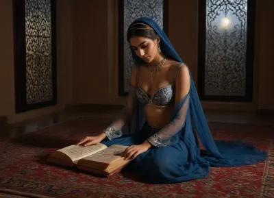 Scheherazade beautiful princess from tales from the Arabian Nights, 25 nyear old, reading a parchment with arabic calligraphy, in blue gown made of transparent veils, oriental bra, henna tattoo, resignation expression, she is in Baghdad, in Harem in an Arab palace, on Persian carpets and surrounded by cushions, (moonlight through window, nightly), great serenity and warm light, realistic photography, candles, perfect hands, side view, perfect fingers, arabic, calligraphy, <lora:arab_architecture_by_styx:1.5>, <lora:arabic_calligraphy:1.5>, dark, skin, <lora:Darker_skin_SDXL:.8>, <lora:Omani_male:.8>